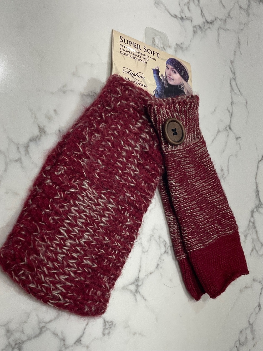 Mirabeau Red & Ivory Knit Fingerless Gloves with Button Detail